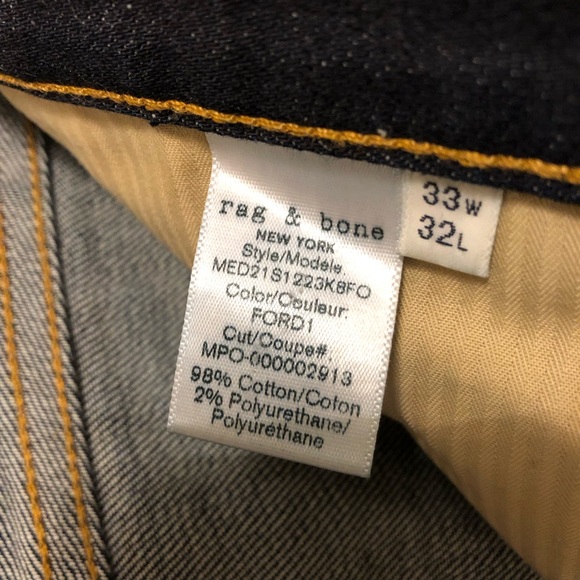 Rag & Bone Fit 2 Slim Fit Dark Medium Wash Button Fly Jeans Men’s Size 33x30 - Picture 9 of 12